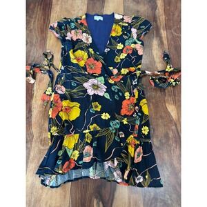 XIX PALMS wrap dress women size 4 navy blue floral ruffle mini rayon travel